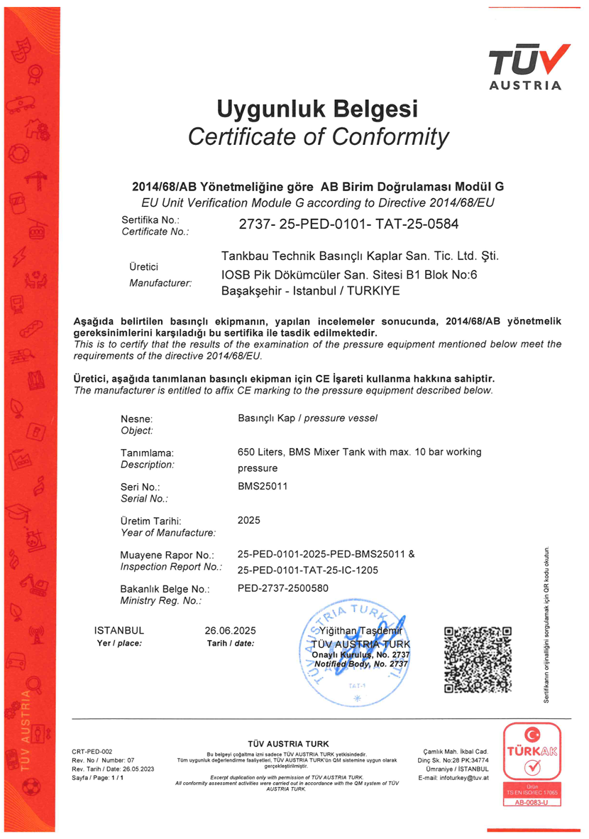TBT Tankbau Teknik Kalite Sertifikası - CE, PED 2014/68/EU, ASME, TSE, ISO 9001 6