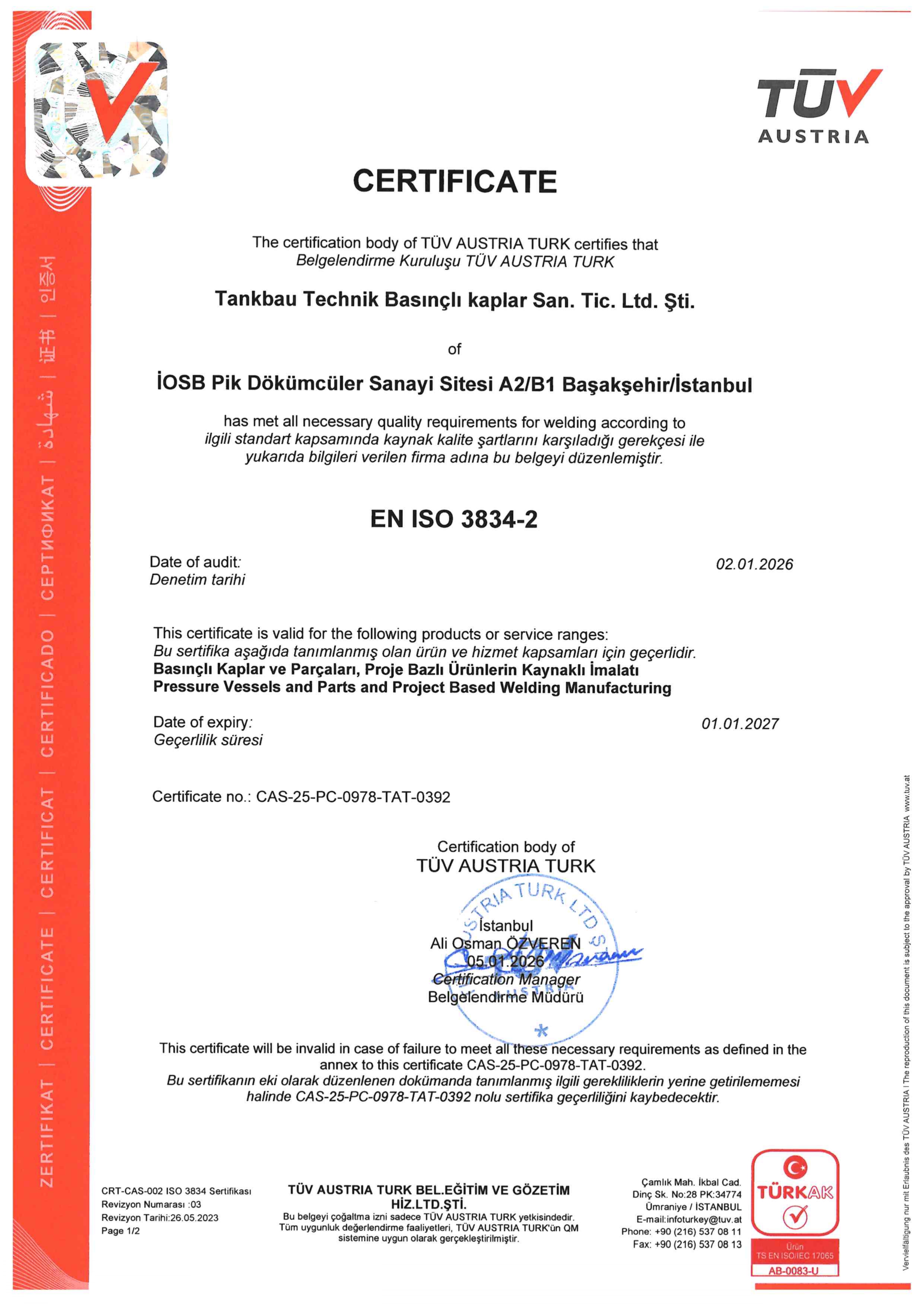 TBT Tankbau Teknik Kalite Sertifikası - CE, PED 2014/68/EU, ASME, TSE, ISO 9001 1